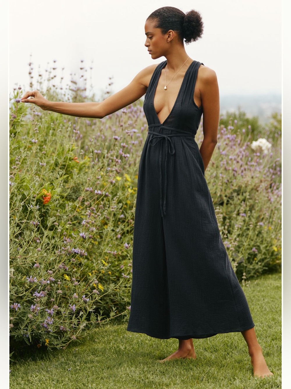 Anthropologie Celandine Sleeveless Plunge Jumpsuit Black V-Neck Wide-Leg